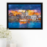 Savannah Georgia Usa Skyline On River City Art Watercolor Framed Canvas Prints Wall Art Home Decor,Floating Frame