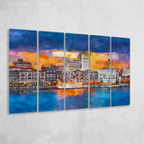 Savannah Georgia Usa Skyline On River 5 Pieces Extra Large Canvas Prints Wall Art Home Decor