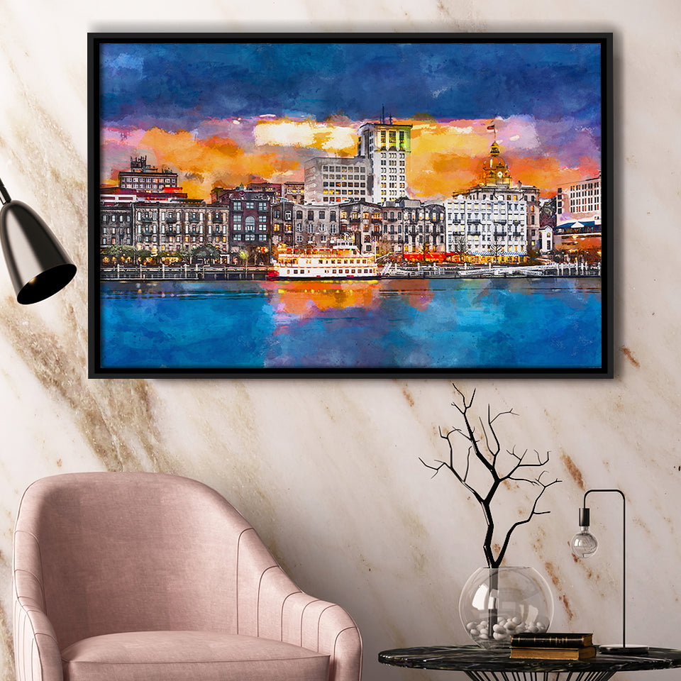 Savannah Georgia Usa Skyline On River City Art Watercolor Framed Canvas Prints Wall Art Home Decor,Floating Frame