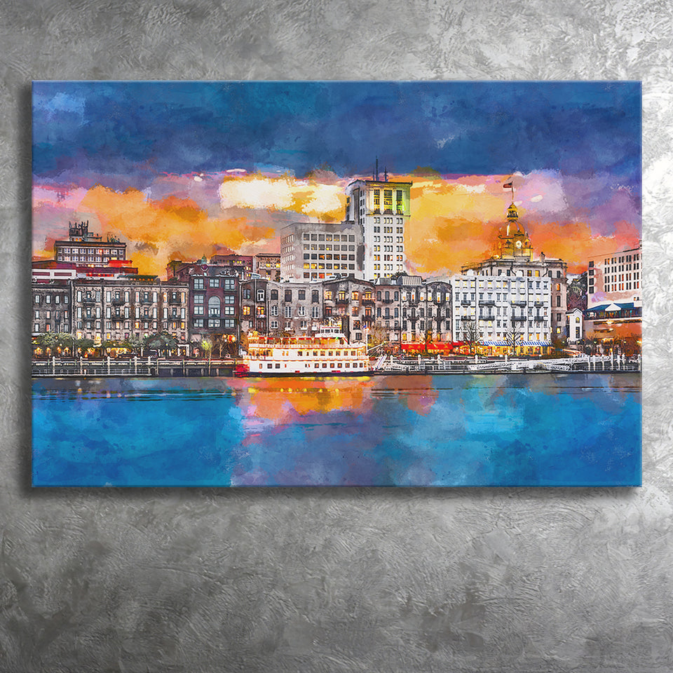 Savannah Georgia Usa Skyline On River City Art Watercolor Canvas Prints Wall Art Home Decor, Large Canvas