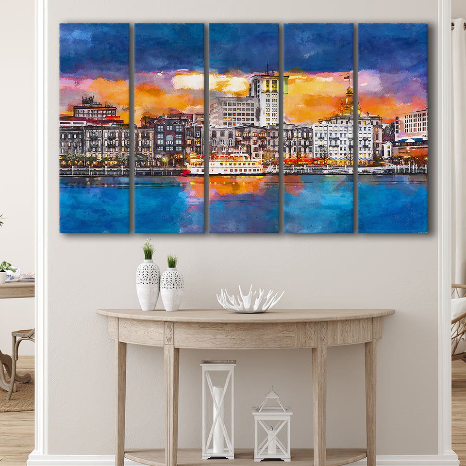 Savannah Georgia Usa Skyline On River 5 Pieces Extra Large Canvas Prints Wall Art Home Decor