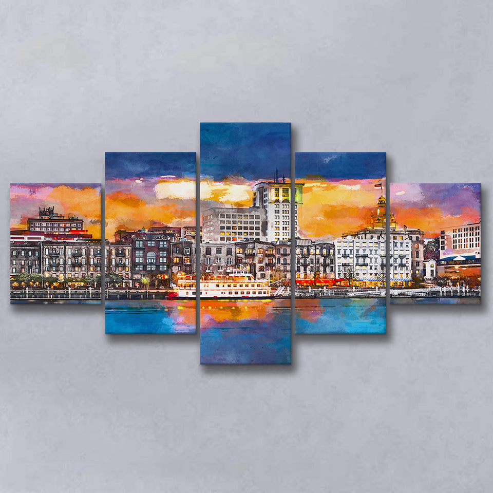 Savannah Georgia Usa Skyline On River 5 Pieces Mixed Canvas Prints Wall Art Home Decor