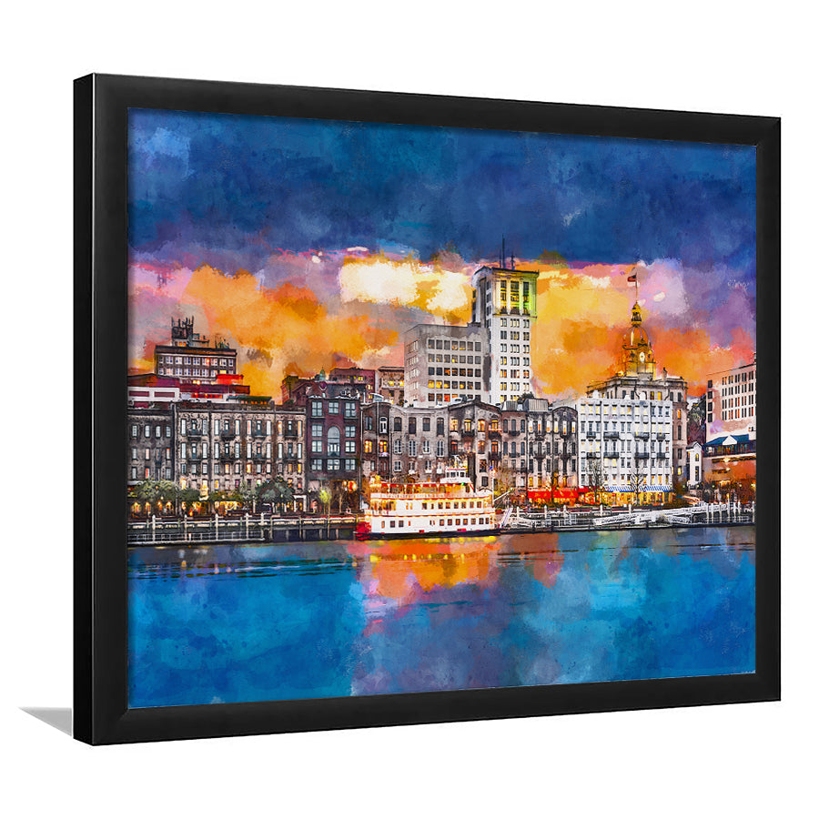 Savannah Georgia Usa Skyline On River City Art Watercolor Framed Art Prints Wall Art Decor,Framed Picture