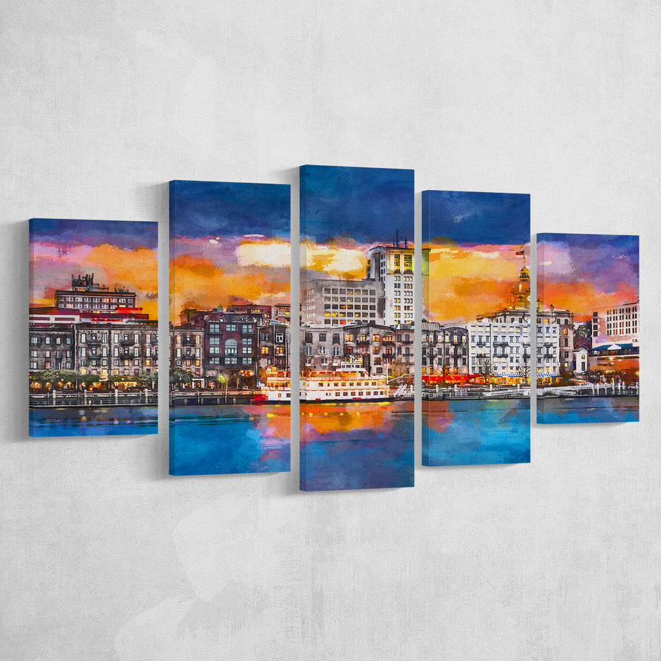 Savannah Georgia Usa Skyline On River 5 Pieces Mixed Canvas Prints Wall Art Home Decor