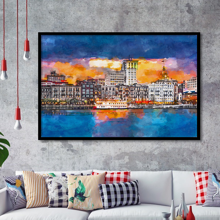 Savannah Georgia Usa Skyline On River City Art Watercolor Framed Art Prints Wall Art Decor,Framed Picture