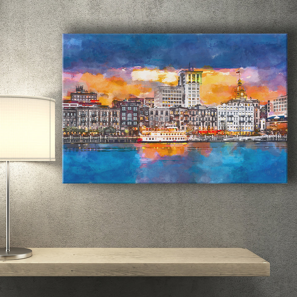 Savannah Georgia Usa Skyline On River City Art Watercolor Canvas Prints Wall Art Home Decor, Large Canvas