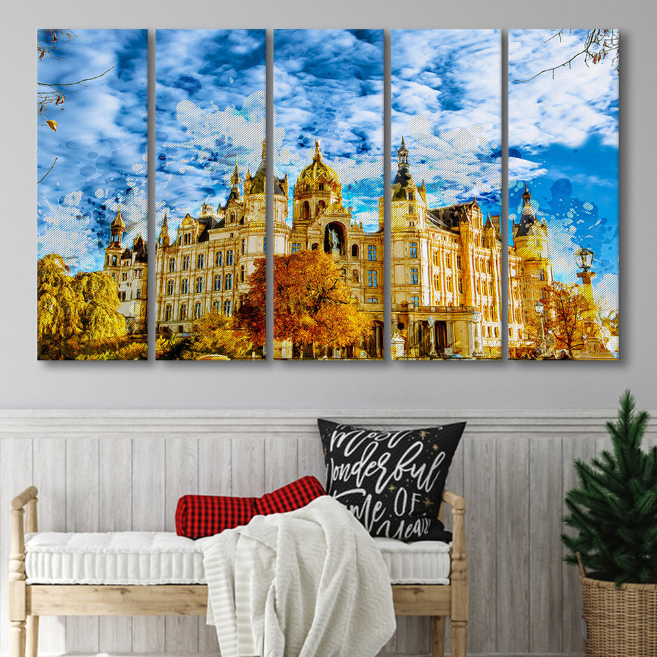 Schwerin Castle Painting 5 Piece B Canvas Prints Wall Art Decor, Multi Panels,Large Canvas, Home Decor