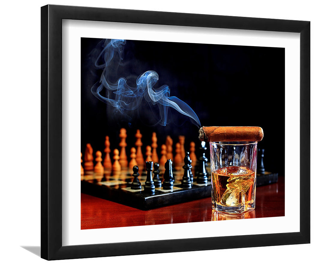Scotch Whiskey Chess and Cigar-Art Print, Canvas Art,Framed Art,Plexiglass Cover
