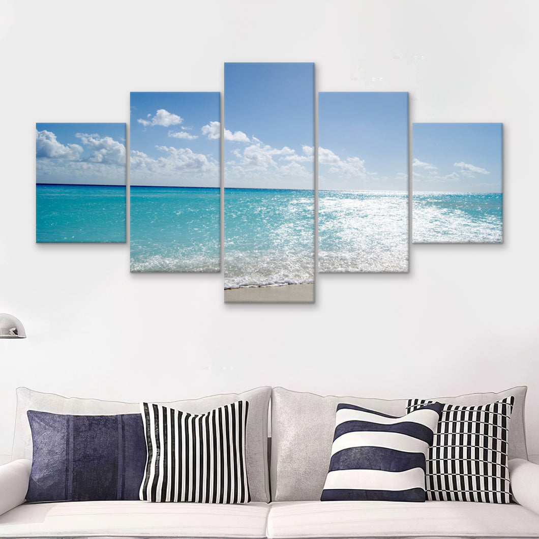 Sea Beach W Lovely White Sand  5 Pieces Canvas Prints Wall Art - Painting Canvas, Multi Panels, 5 Panel, Wall Decor