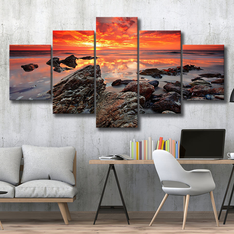 Sea Coast Sunset 5 Pieces Canvas Prints Wall Art Decor - Painting Canvas, Mixed Canvas, Multi Panels