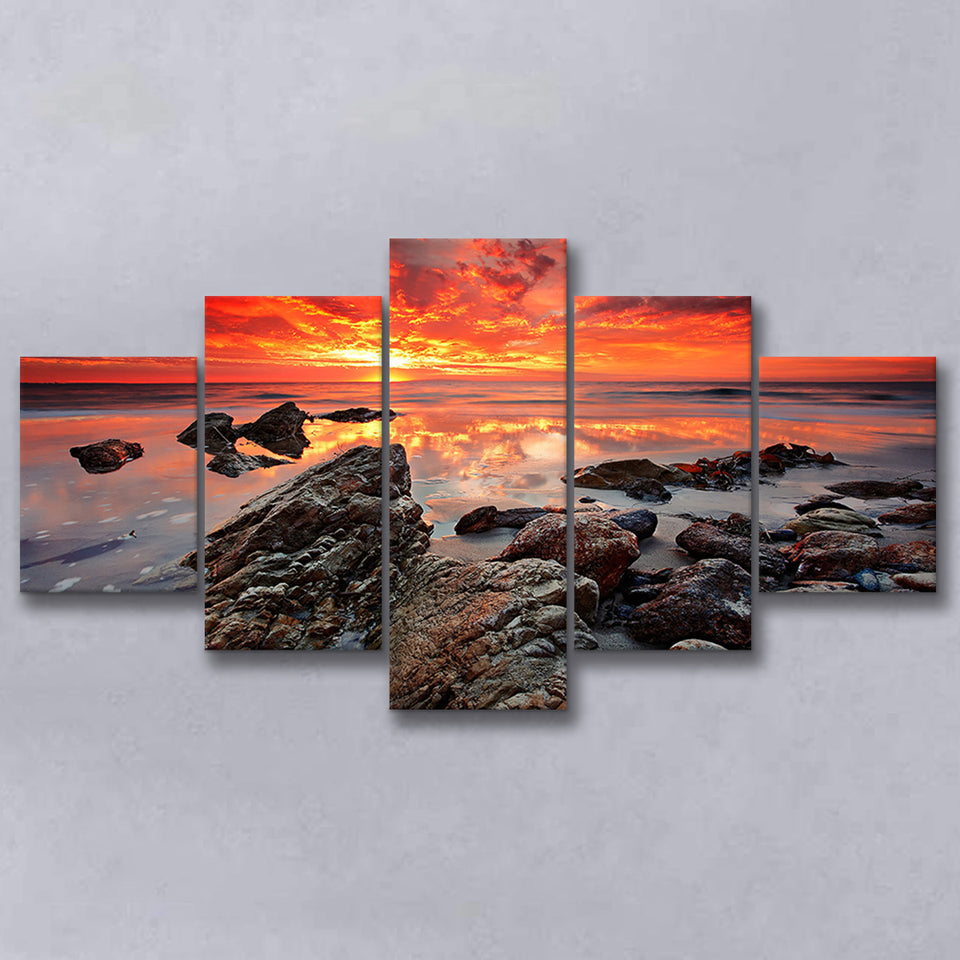 Sea Coast Sunset 5 Pieces Canvas Prints Wall Art Decor - Painting Canvas, Mixed Canvas, Multi Panels