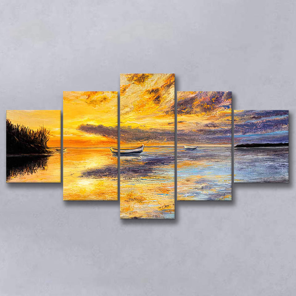 Sea Sunset Oil Painting Prints 5 Panels, Canvas Prints Wall Art Decor, Large Canvas Art