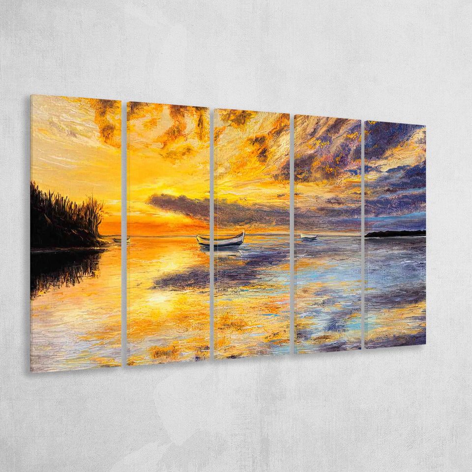 Sea Sunset Oil Painting Prints Larger Canvas Art, 5 Piece Canvas Prints Wall Art Decor