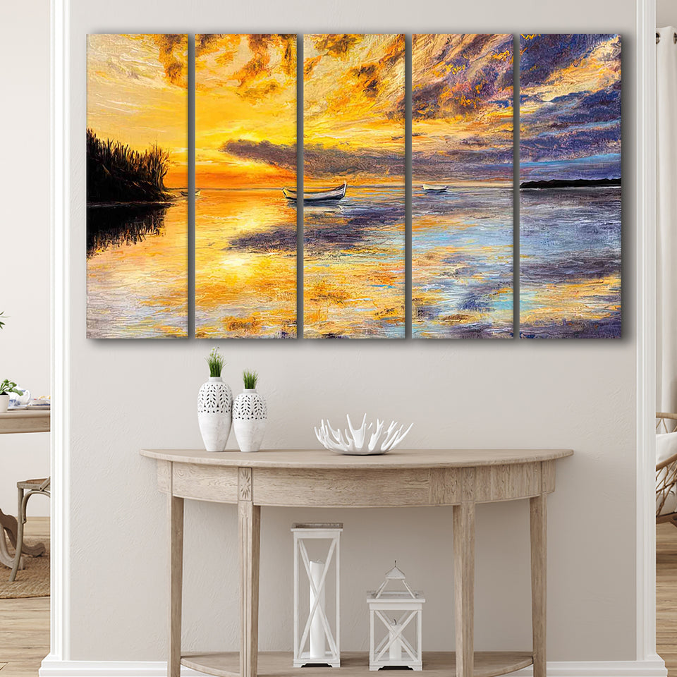 Sea Sunset Oil Painting Prints Larger Canvas Art, 5 Piece Canvas Prints Wall Art Decor