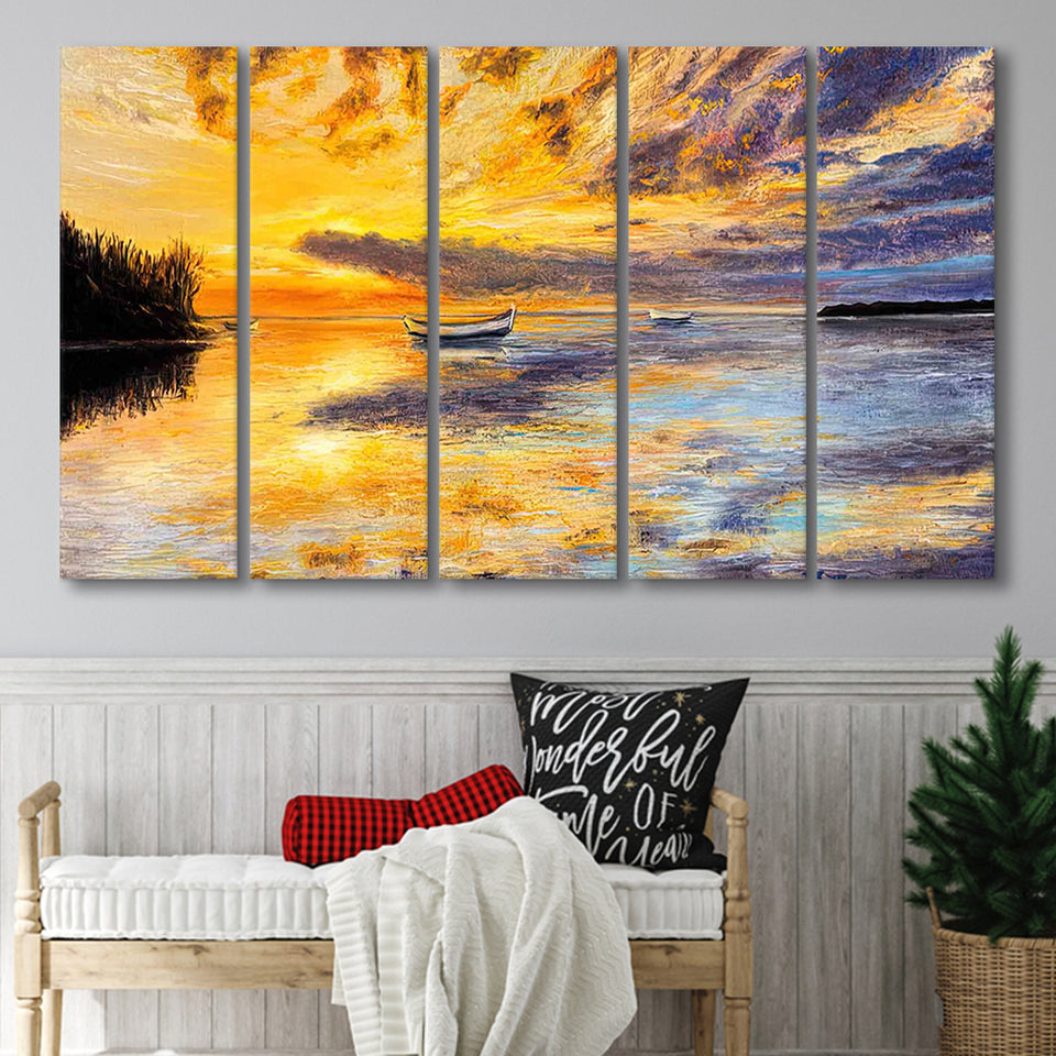 Sea Sunset Oil Painting Prints Larger Canvas Art, 5 Piece Canvas Prints Wall Art Decor
