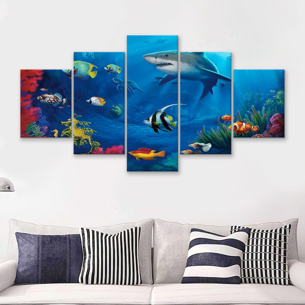 Sea Creatures Under Sea Water  5 Pieces Canvas Prints Wall Art - Painting Canvas, Multi Panels, 5 Panel, Wall Decor