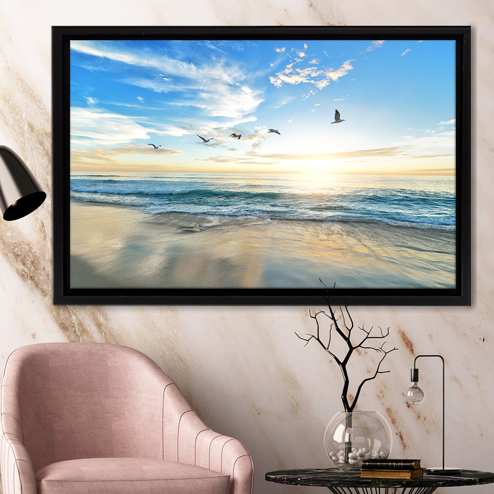Seagulls On Beach Framed Canvas Prints - Painting Canvas, Art Prints,  Wall Art, Home Decor, Prints for Sale