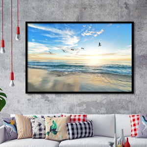 Seagulls On Beach Framed Art Prints Wall Decor - Painting Art, Black Frame, Home Decor, Prints for Sale