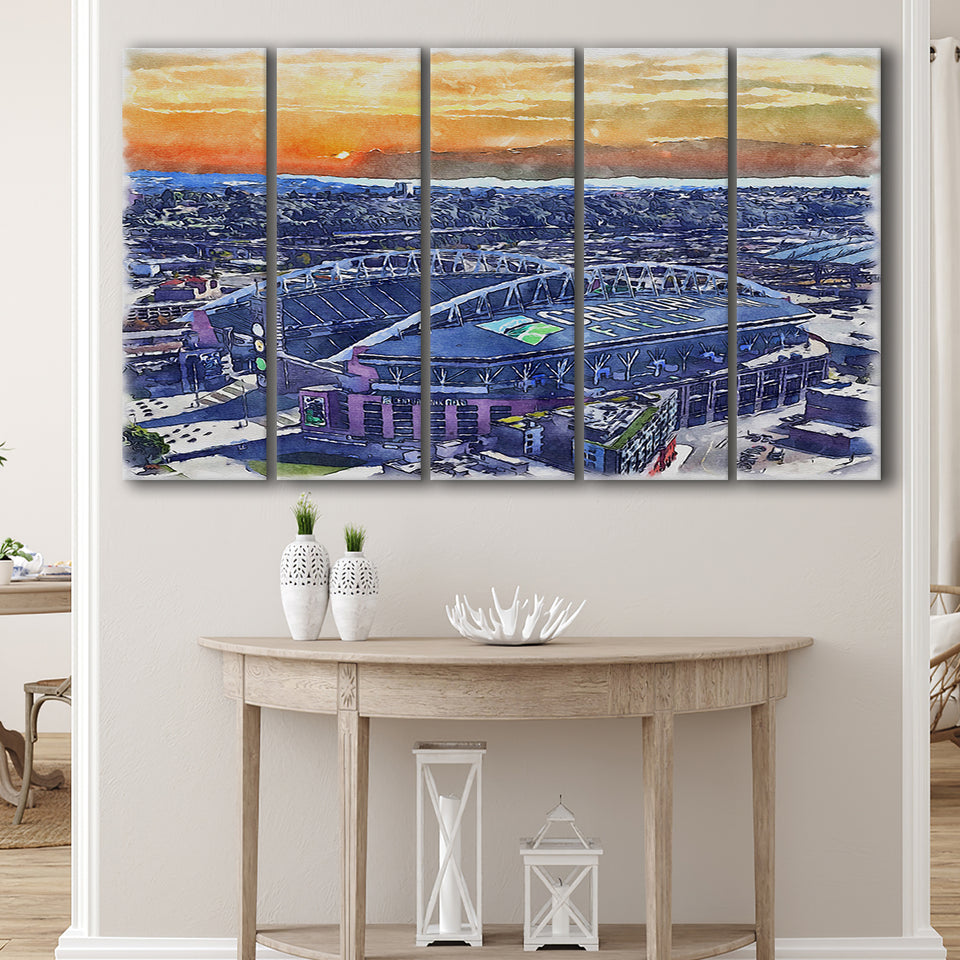 Seahawks Football Stadium Lumen Field Watercolor, 5 Pieces B, Multi Panel Canvas Prints Wall Art Decor