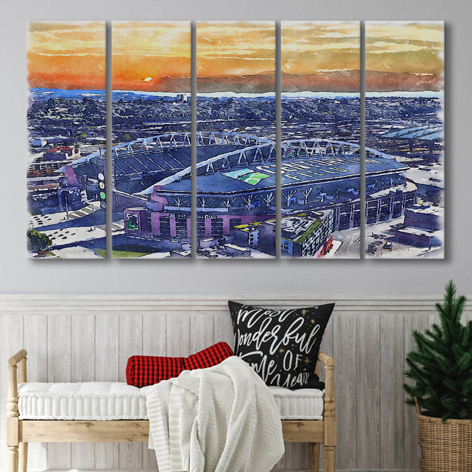 Seahawks Football Stadium Lumen Field Watercolor, 5 Pieces B, Multi Panel Canvas Prints Wall Art Decor