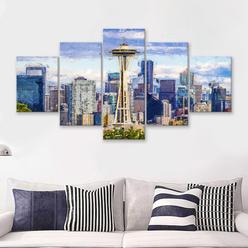Seattle Downtown 5 Piece Canvas Prints Wall Art Decor - Painting Canvas, Multi Panels