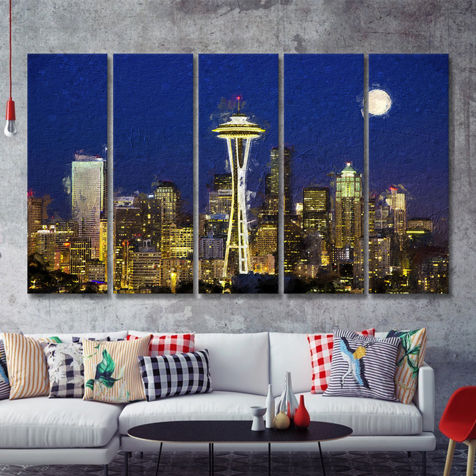 Seattle Downtown 2 5 Piece B Canvas Prints Wall Art Decor - Painting Canvas, Multi Panels