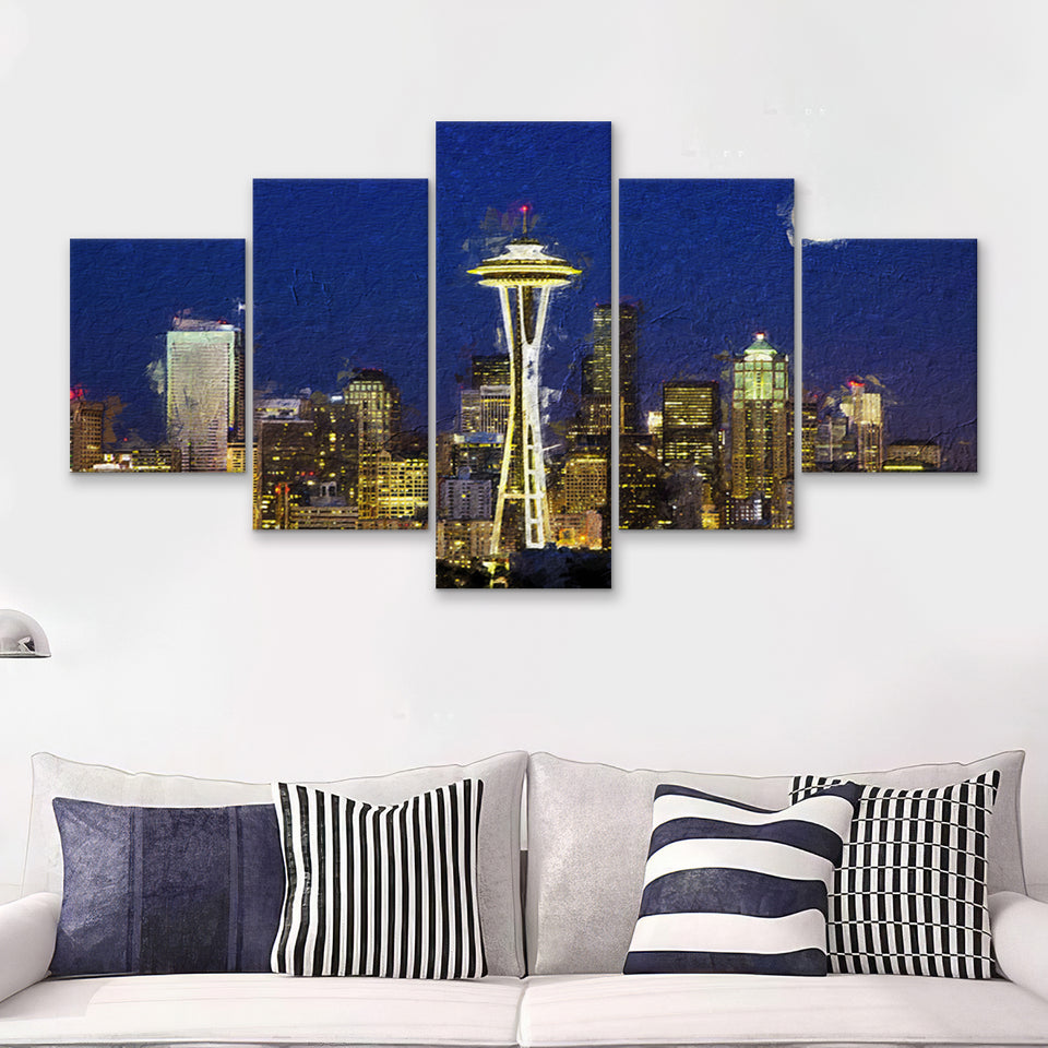 Seattle Downtown 2 5 Piece Canvas Prints Wall Art Decor - Painting Canvas, Multi Panels
