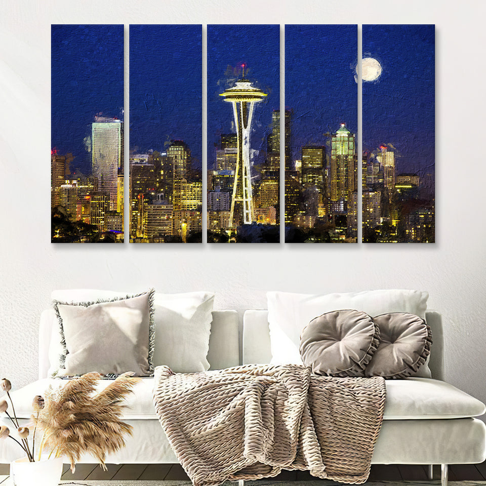 Seattle Downtown 2 5 Piece B Canvas Prints Wall Art Decor - Painting Canvas, Multi Panels