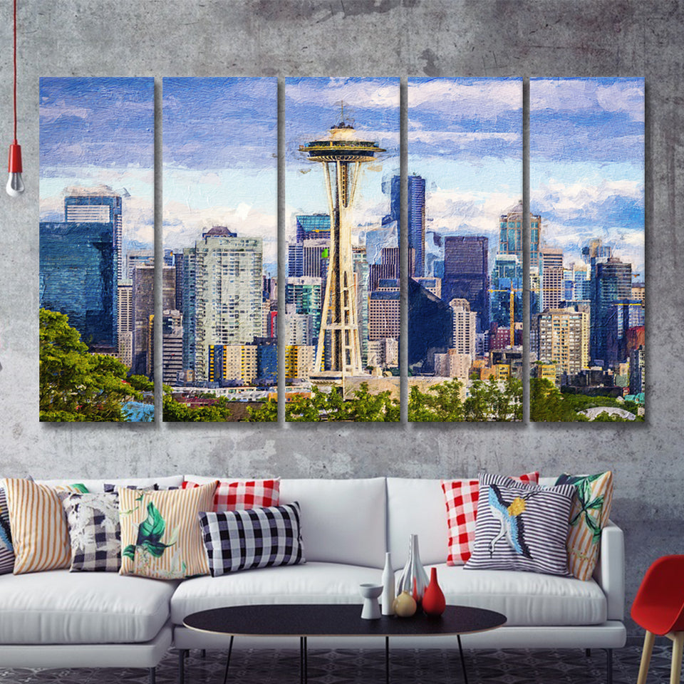 Seattle Downtown 5 Piece B Canvas Prints Wall Art Decor - Painting Canvas, Multi Panels