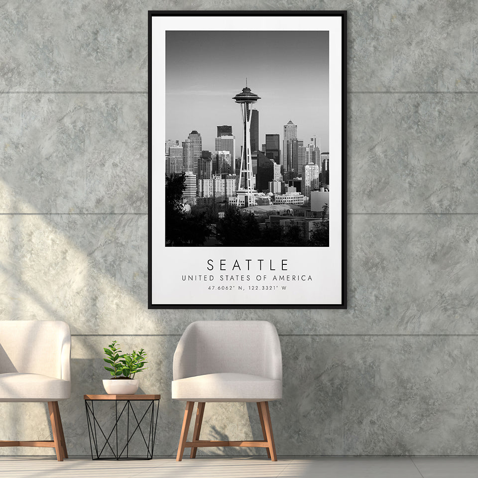 Seattle Usa Black And White Art Framed Canvas Prints Wall Art Home Decor, Floating Frame