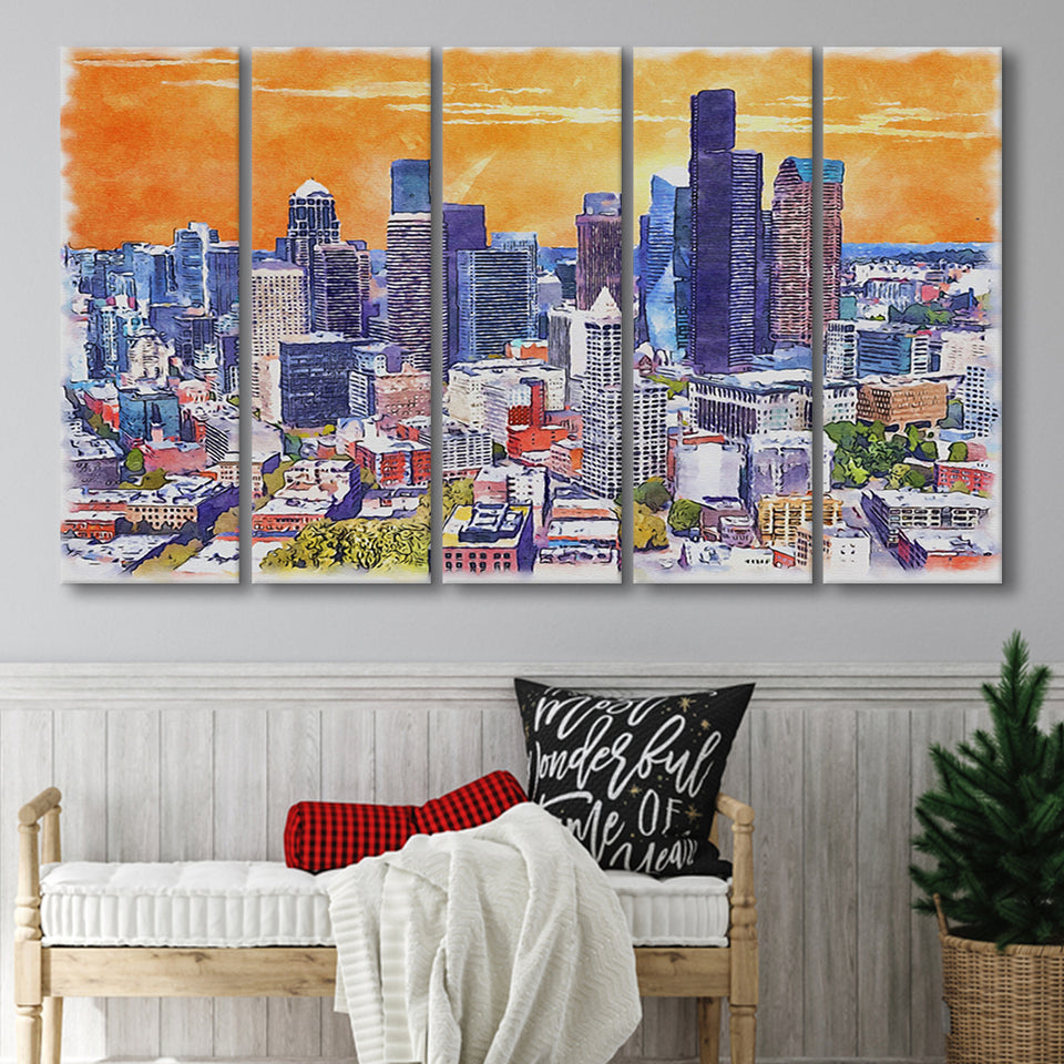 Seattle Watercolor Seattle Washington, 5 Pieces B, Multi Panel Canvas Prints Wall Art Decor