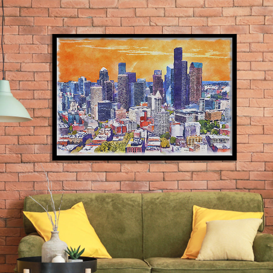 Seattle Watercolor Seattle Washington, Sport Prints Fan Gift, Framed Art Prints Wall Art Decor
