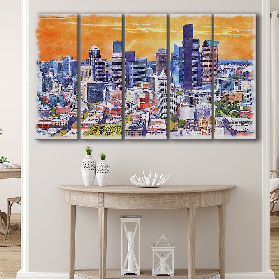 Seattle Watercolor Seattle Washington, 5 Pieces B, Multi Panel Canvas Prints Wall Art Decor