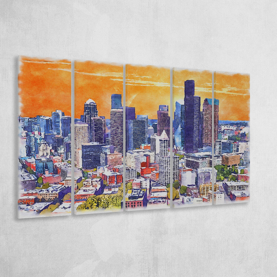 Seattle Watercolor Seattle Washington, 5 Pieces B, Multi Panel Canvas Prints Wall Art Decor