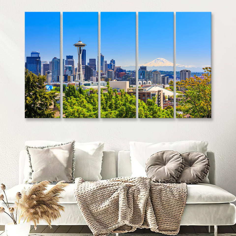 Seattle downtown skyline and Mt Rainier Washington 5 Pieces Canvas Prints Wall Art - Painting Canvas, Multi Panels, Wall Decor