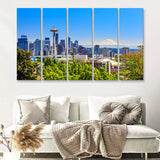 Seattle downtown skyline and Mt Rainier Washington 5 Pieces Canvas Prints Wall Art - Painting Canvas, Multi Panels, Wall Decor