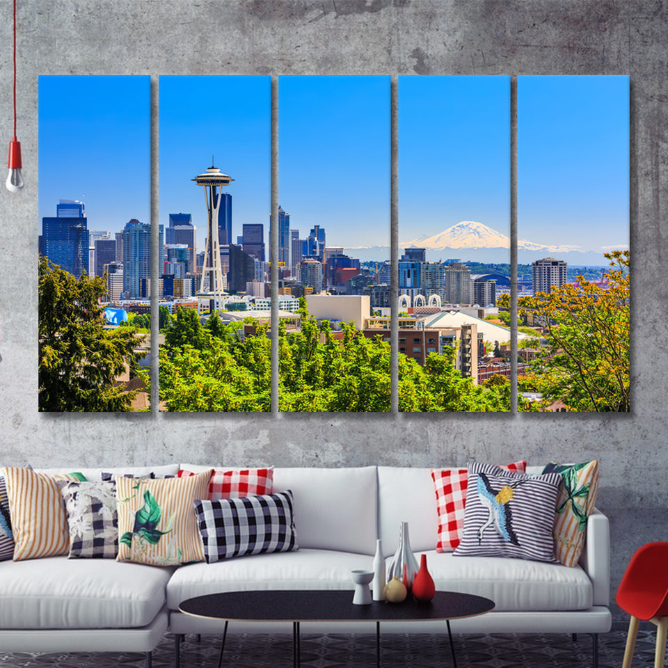 Seattle downtown skyline and Mt Rainier Washington 5 Pieces Canvas Prints Wall Art - Painting Canvas, Multi Panels, Wall Decor
