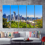 Seattle downtown skyline and Mt Rainier Washington 5 Pieces Canvas Prints Wall Art - Painting Canvas, Multi Panels, Wall Decor