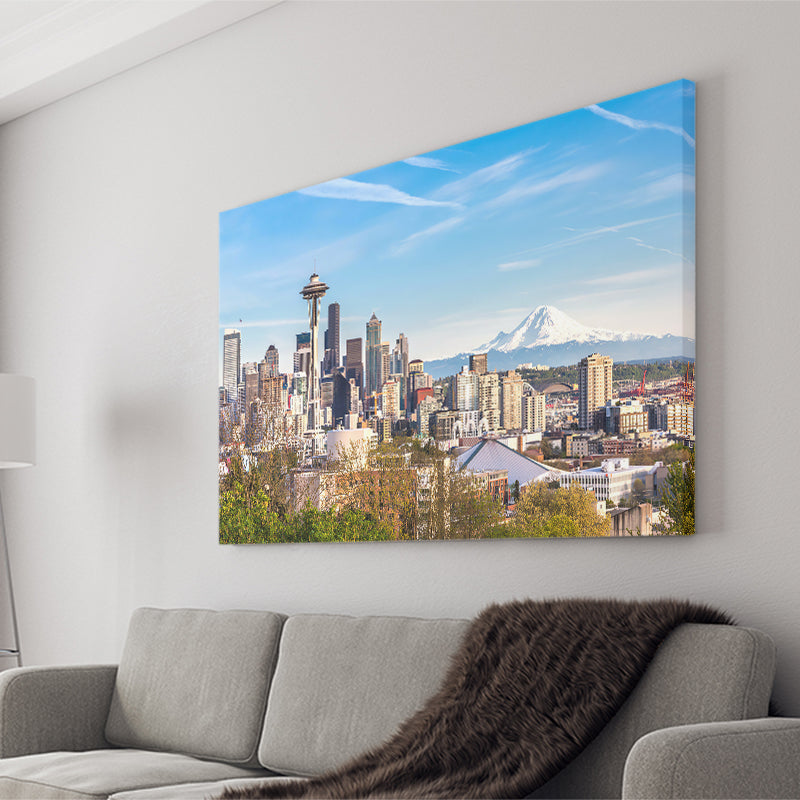 Seattle downtown skyline and Mt Rainier at sunset Canvas Prints Wall Art - Painting Canvas, Wall Decor, Home Decor, Prints for Sale
