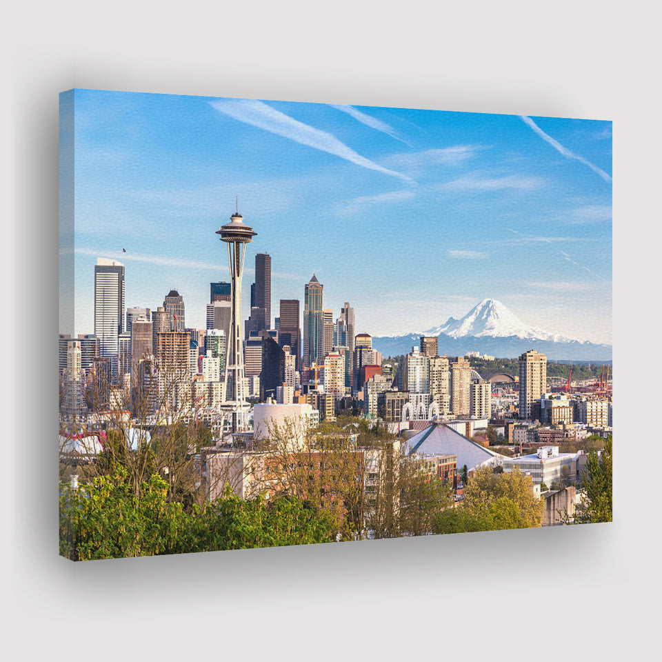Seattle downtown skyline and Mt Rainier at sunset Canvas Prints Wall Art - Painting Canvas, Wall Decor, Home Decor, Prints for Sale