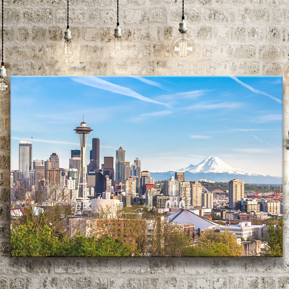 Seattle downtown skyline and Mt Rainier at sunset Canvas Prints Wall Art - Painting Canvas, Wall Decor, Home Decor, Prints for Sale