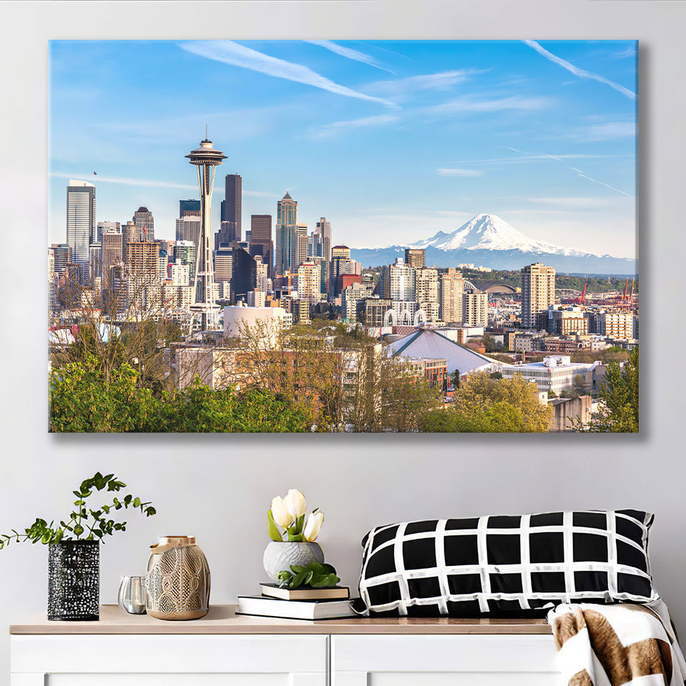 Seattle downtown skyline and Mt Rainier at sunset Canvas Prints Wall Art - Painting Canvas, Wall Decor, Home Decor, Prints for Sale