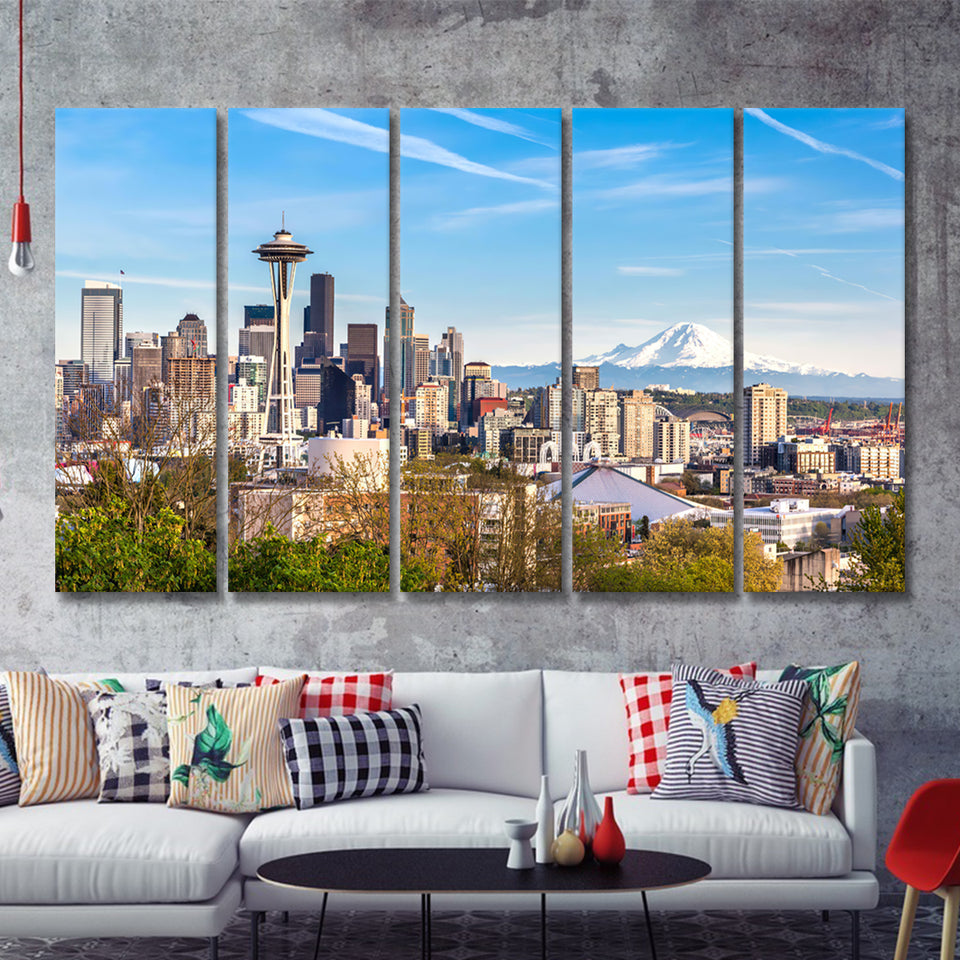 Seattle downtown skyline and Mt Rainier at sunset 5 Pieces Canvas Prints Wall Art - Painting Canvas, Multi Panels, Wall Decor