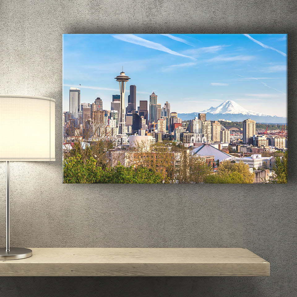 Seattle downtown skyline and Mt Rainier at sunset Canvas Prints Wall Art - Painting Canvas, Wall Decor, Home Decor, Prints for Sale