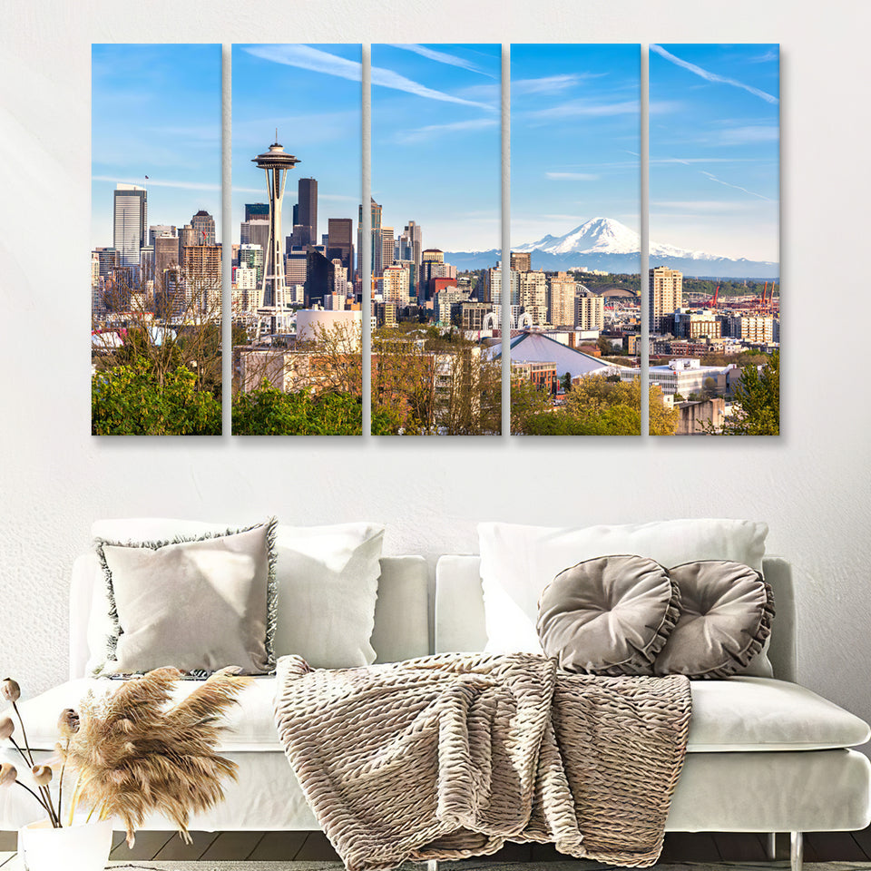 Seattle downtown skyline and Mt Rainier at sunset 5 Pieces Canvas Prints Wall Art - Painting Canvas, Multi Panels, Wall Decor