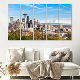 Seattle downtown skyline and Mt Rainier at sunset 5 Pieces Canvas Prints Wall Art - Painting Canvas, Multi Panels, Wall Decor