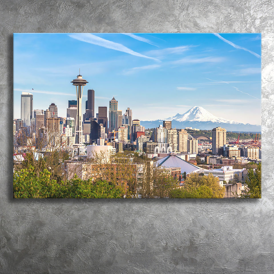 Seattle downtown skyline and Mt Rainier at sunset Canvas Prints Wall Art - Painting Canvas, Wall Decor, Home Decor, Prints for Sale