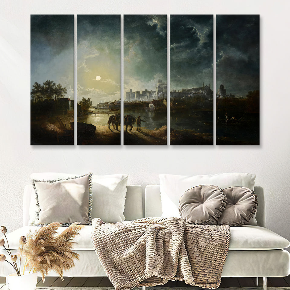 Sebastian Pether British 1790 1844 Windsor By Moonlight 5 Pieces B Canvas Prints Wall Art - Painting Canvas, Multi Panel