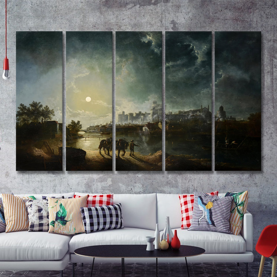 Sebastian Pether British 1790 1844 Windsor By Moonlight 5 Pieces B Canvas Prints Wall Art - Painting Canvas, Multi Panel