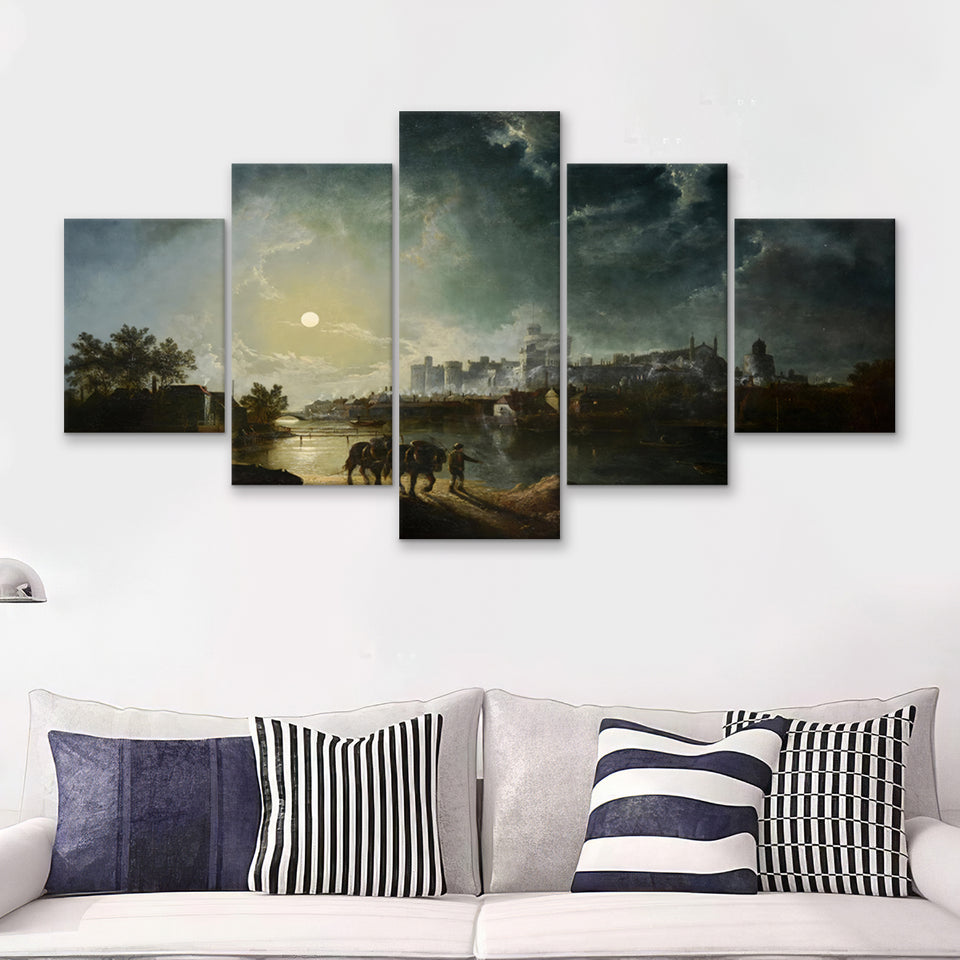 Sebastian Pether British 1790 1844 Windsor By Moonlight 5 Pieces Canvas Prints Wall Art - Painting Canvas, Multi Panel